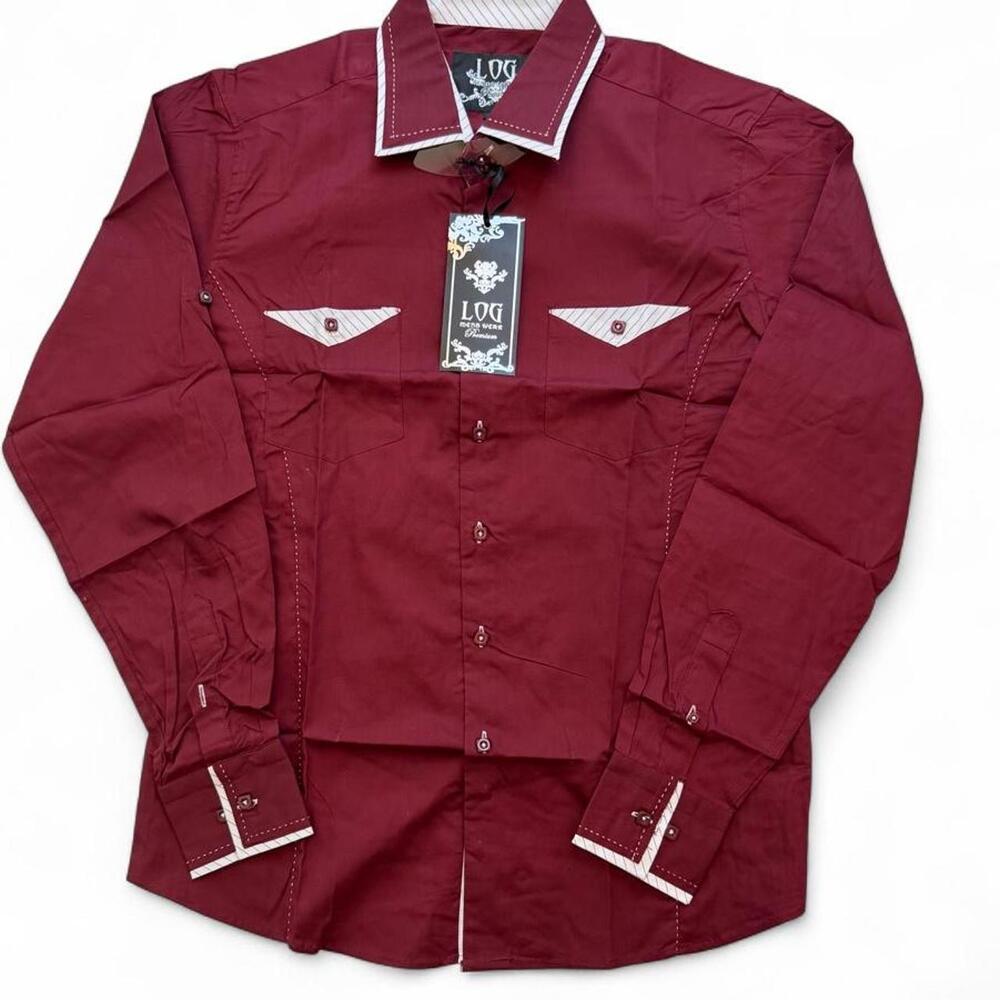 Log Men’s DOLLE BURGUNDY BROWN LONG SLEEVE SHIRT WITH WHITE COLLAR AND CUFFS siz